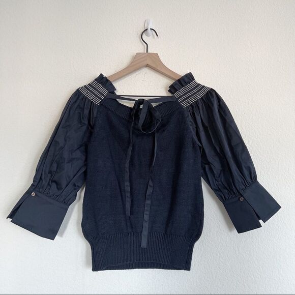Adeam Womens Off Shoulder Smocking Sweater Navy Blue Cotton Size Extra Small - Picture 7 of 13
